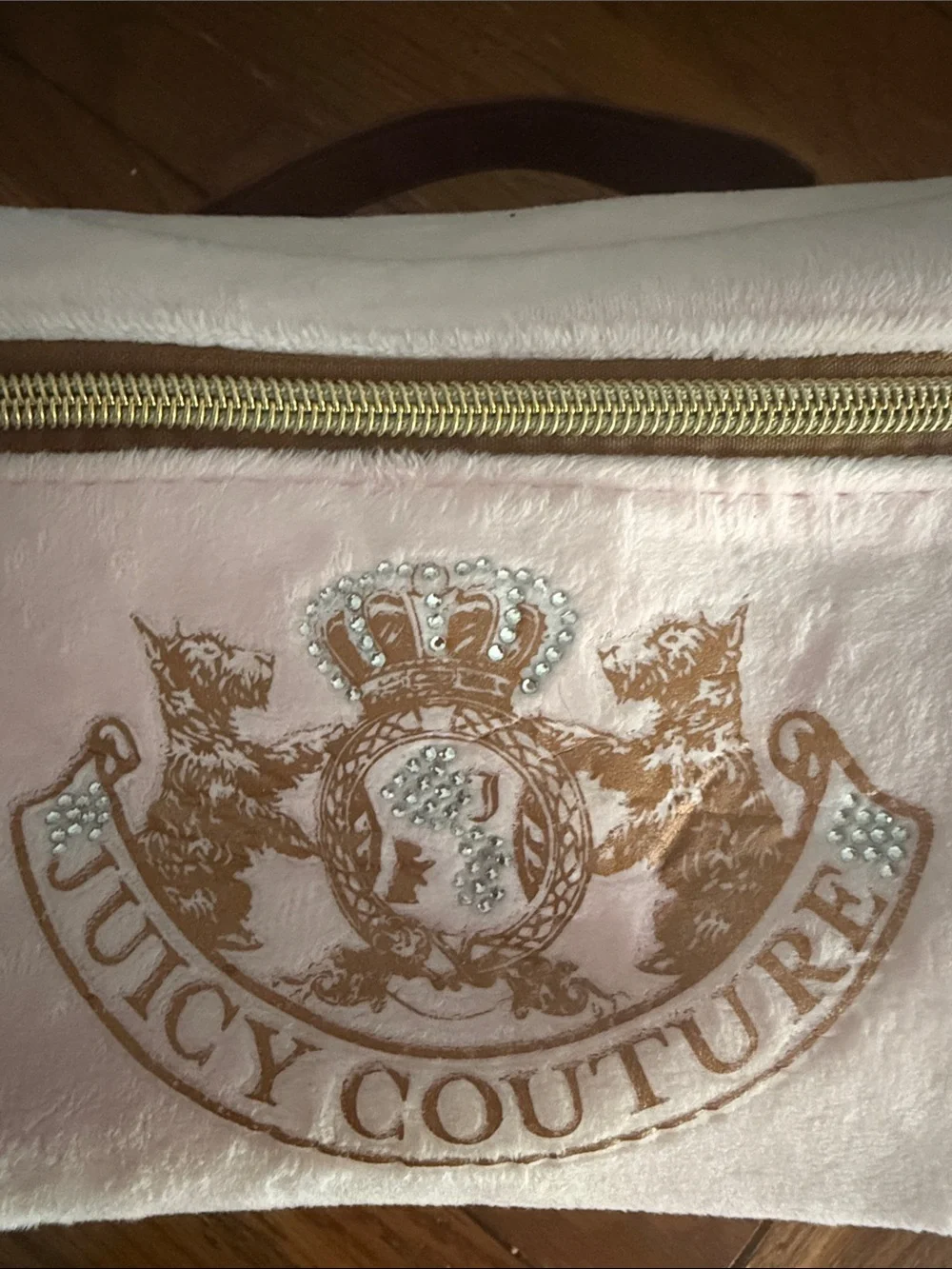 Juicy Couture pink and gold zippered train case cosmetic makeup bag